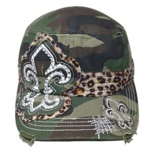 Nexgen Army Cap Green Camo Fleur-De-Lis Leopard Rhinestone Sequin One Size Hat